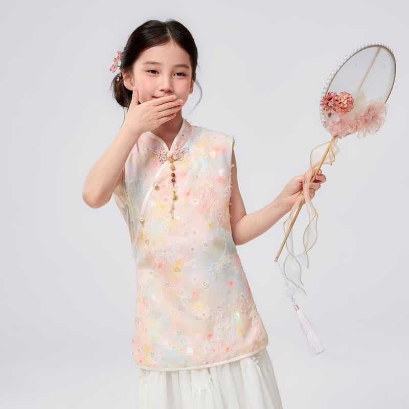 Girl's Floral Sleeveless Stand Collar Top
