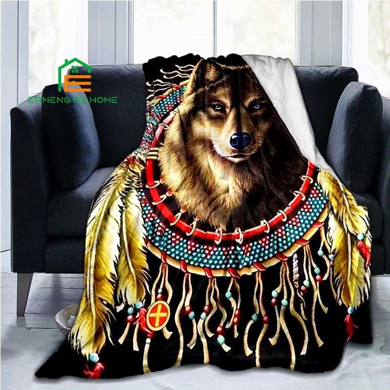 Dreamcatcher Wolf Flannel Throw Blanket Warm Blanket for Home, Picnic, Travel, Plane, Office and For Adult, Kid, Elderly 5 Sizes