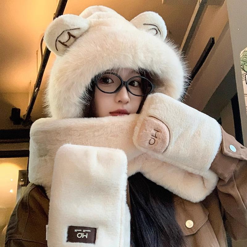 2025 Bear Plush Hat Scarf Integrated Women's Season Cute Northeast Warm Gloves Three-piece Set