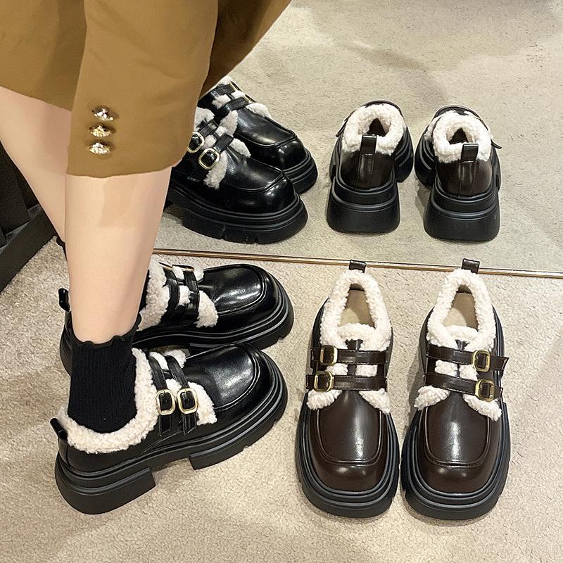 Platform small leather shoes women's autumn and winter velvet one-pedal lazy shoes high-heeled Mary Jane shoes