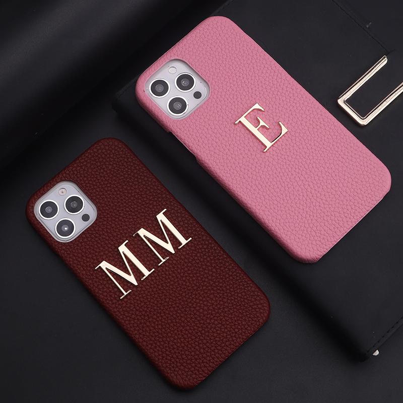 Custom Name Letter Gold Metal Genuine Leather Phone Cas for16 11 12 13 14 15Pro Max 16 15Plus XS XR Personalization Cover Luxury