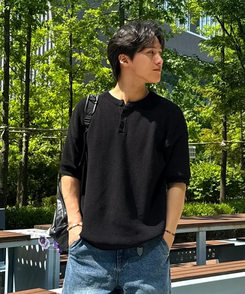 TEJIDO Coolever Cuello Henley Manga Corta Tejido Negro
