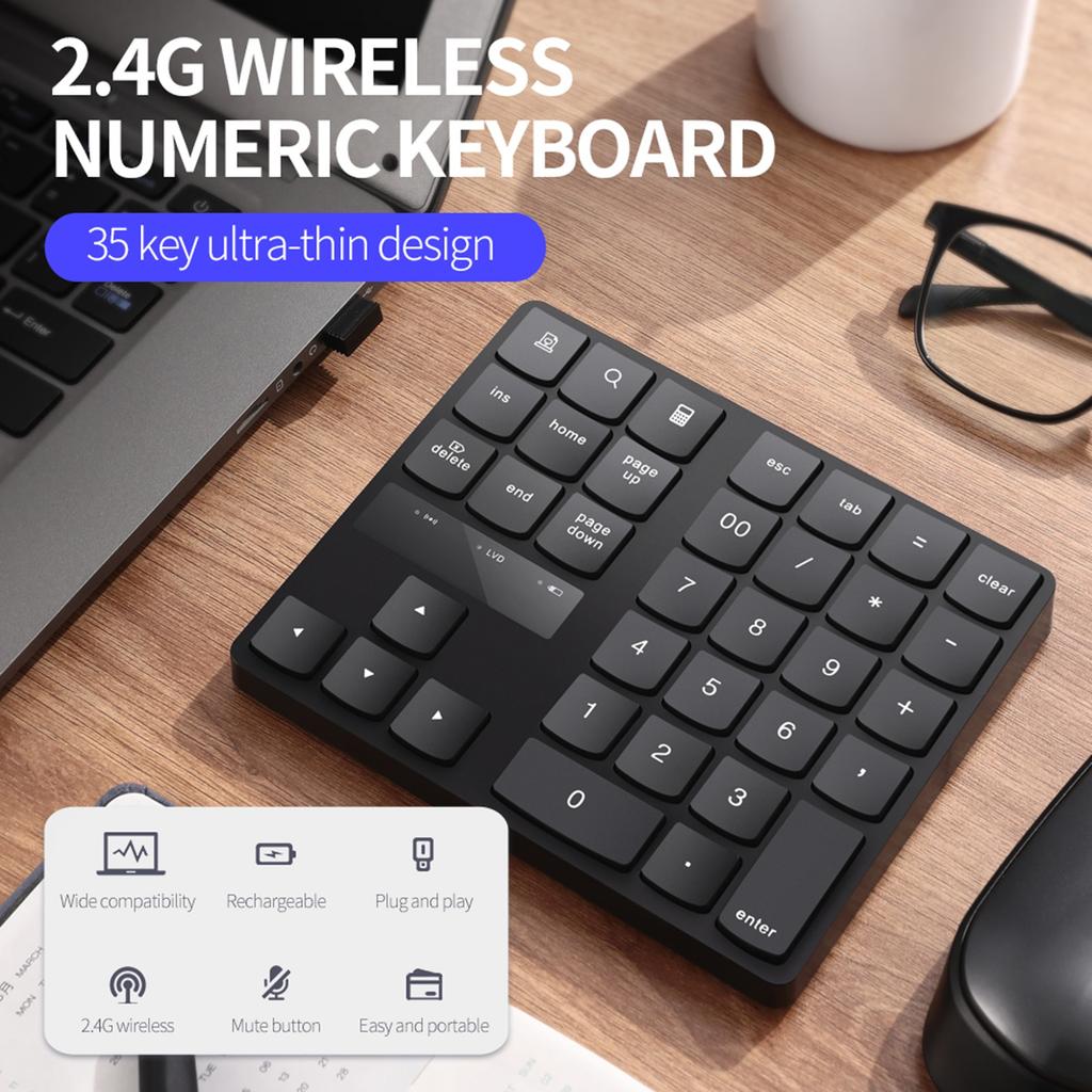 2.4G Wireless Numeric Keyboard Portable 35 Keys Financial Accounting   Keyboard Built-in Re Able Battery Black
