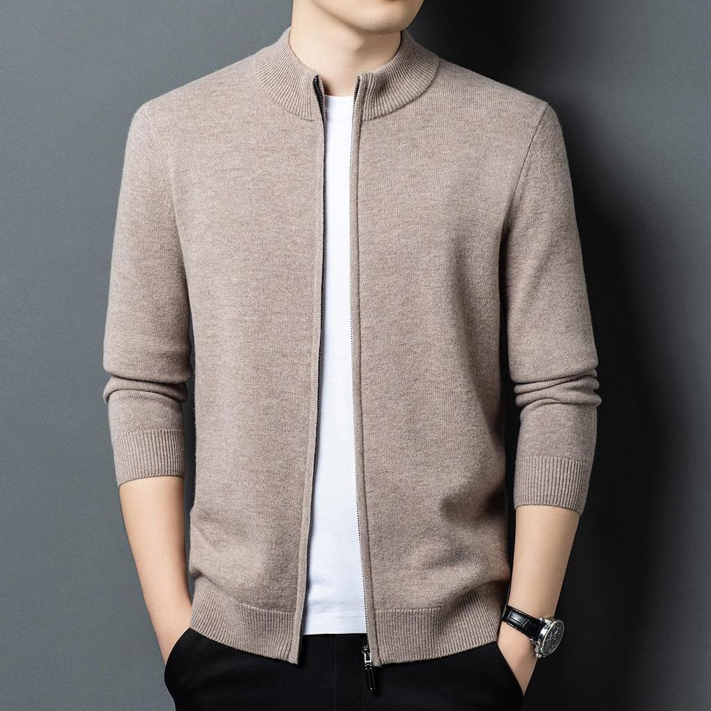 Men's 100% Pure Wool Thickened Knit Cardigan - Zipper Sweater for Autumn & Winter, 600g