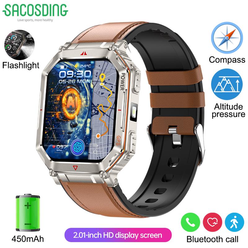 SACOSDING Rugged GPS Smart Watch 2.01" HD Screen 3ATM Waterproof Bluetooth Call Men Smartwatch GPS Positioning Compass Flashlight