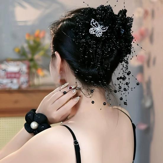 Peony Feather Tassel Hair Claw Women Girls High Cap Bone Design Hairpin Sturdy Shark Clip Hair Accessory