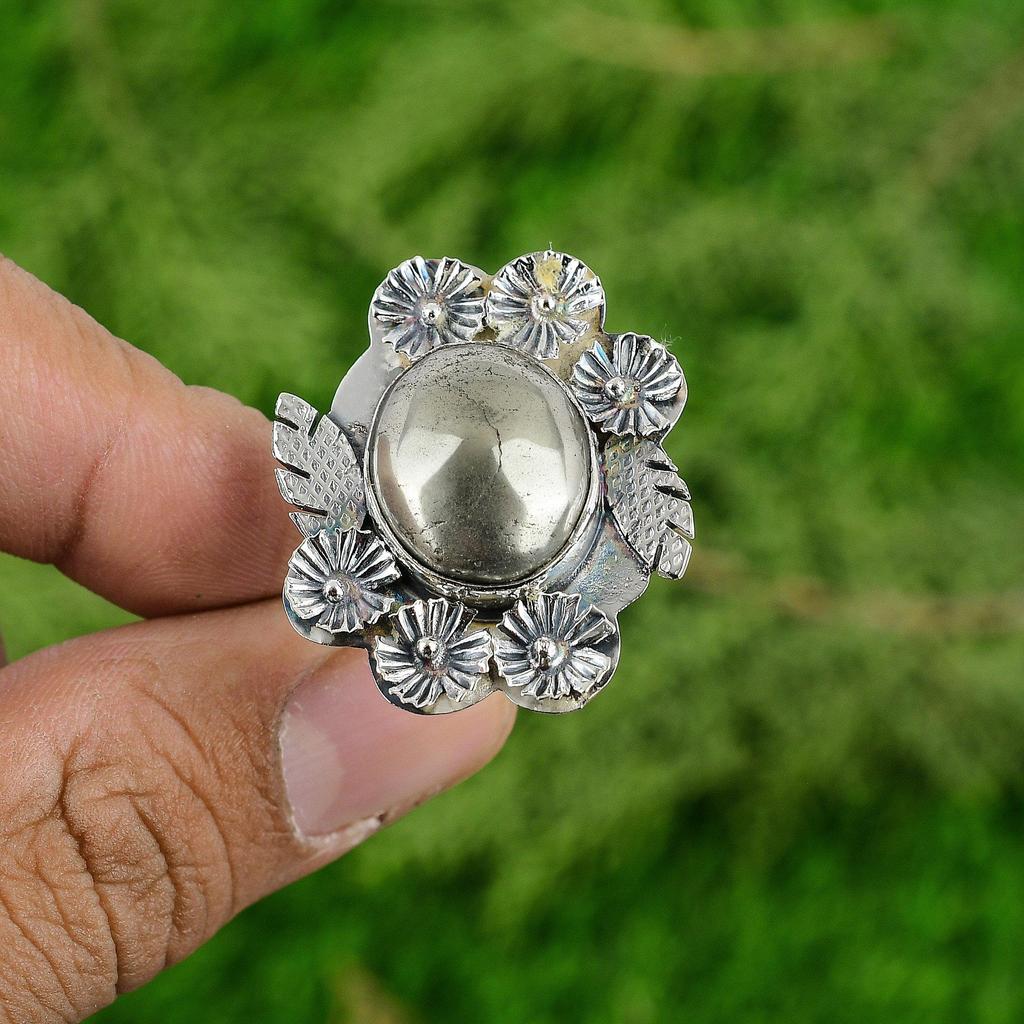 Gift For Women Multi Stone Flower Adjustable Ring 925 Silver Natural Pyrite