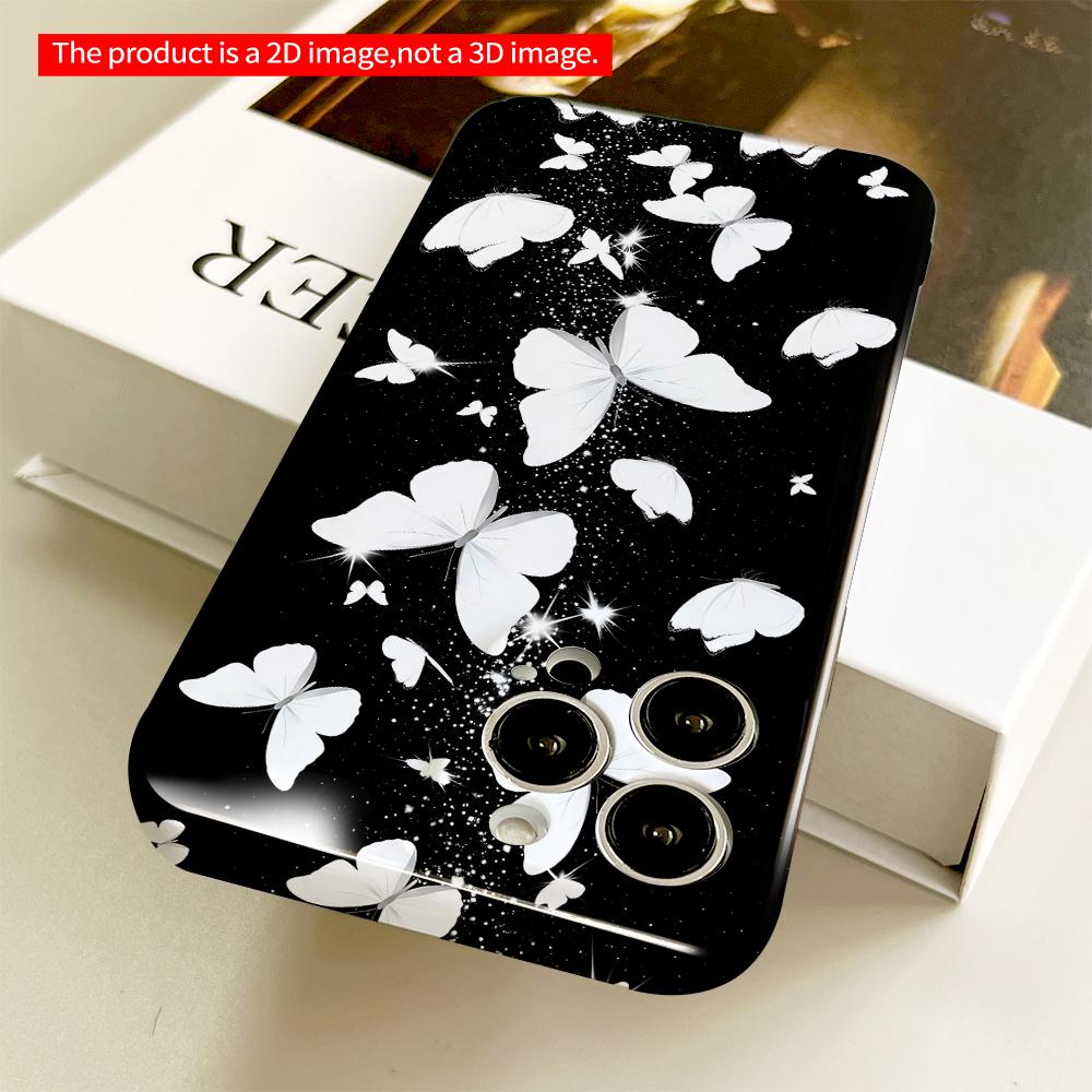 White Butterflies Sparkle On Black Background All Inclusive Film Hard Phone Case, Compatible with iPhone 18 Pro Max 17 16 15 14 13 12 11