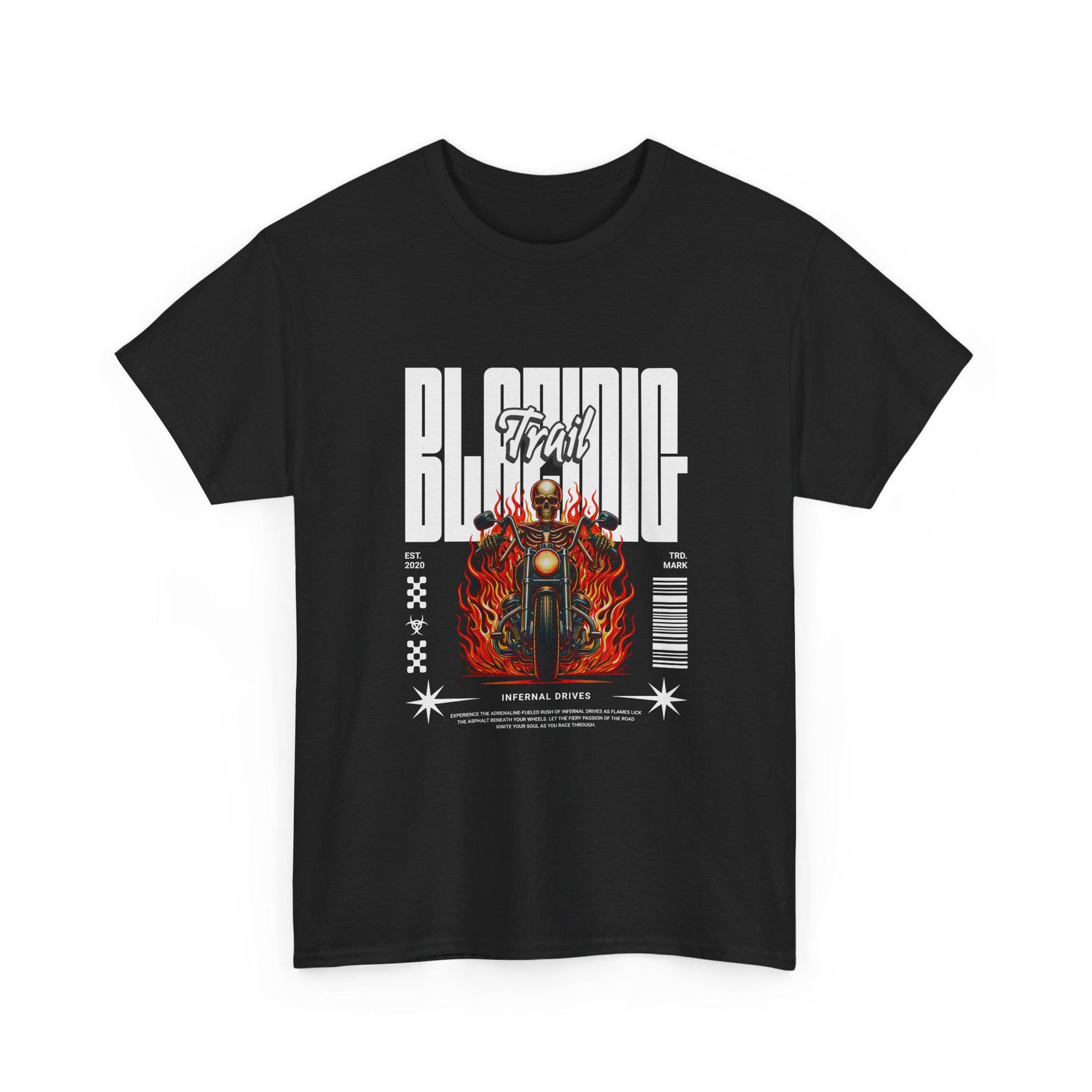 Blazing Trail Motorcycle Tee | Flaming Bike Graphic T-Shirt, Skull Rider S