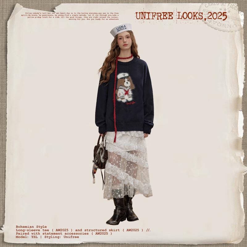 unifree Puppy Jacquard Round Neck Sweater