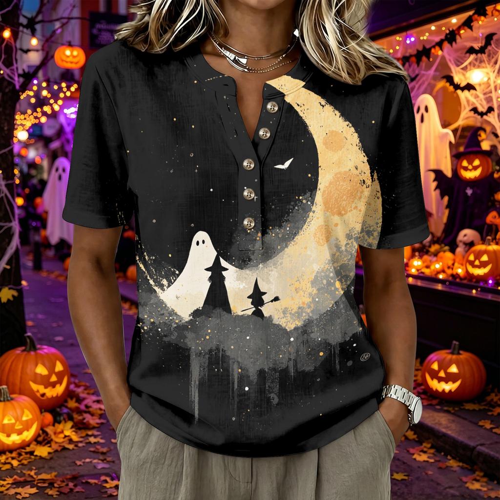 Women's Short Sleeve Henley Shirt Button Front Casual Loose Fit Cotton Linen Blend Top Halloween Graphic Print