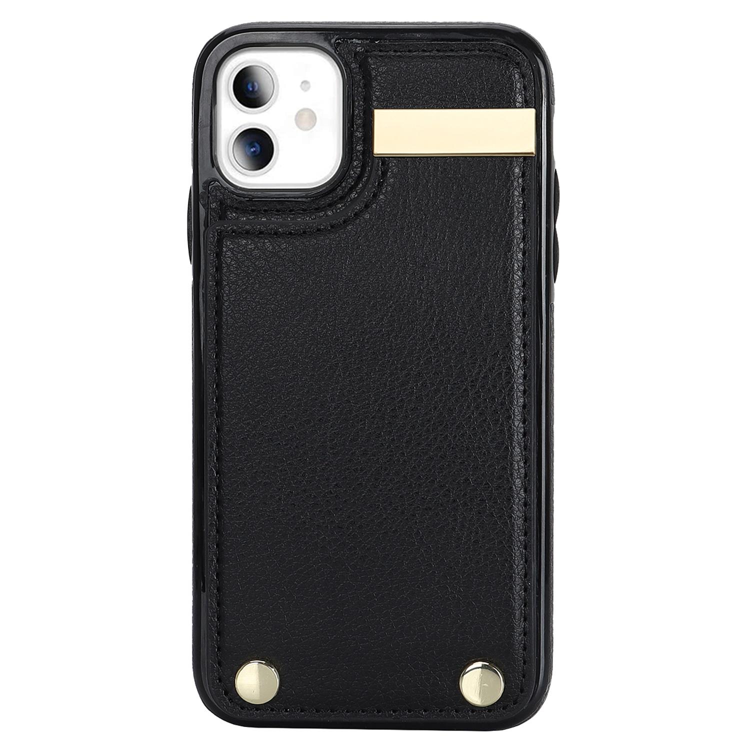 

For iPhone 11 Cover TPU+PU Leather Metal Decor Shockproof Cell Phone Case with Card Holder Black