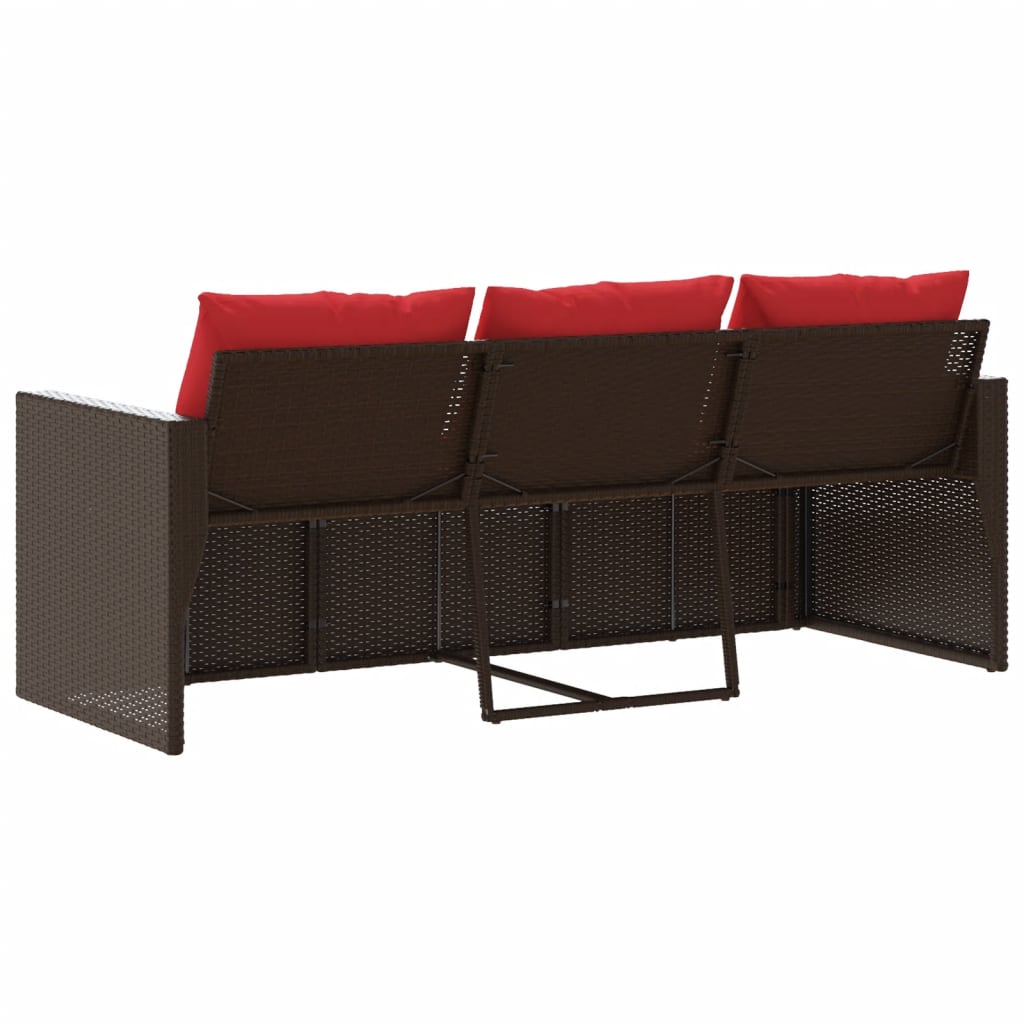 Garden Sofa with Cushions 3 Seater Brown Poly Rattan