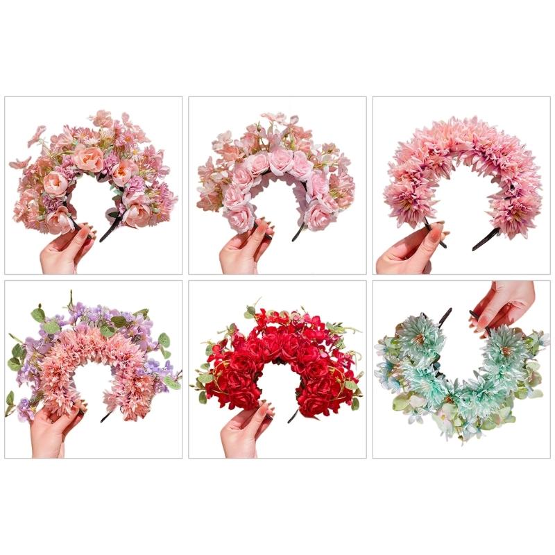 Colorful Flower Headband Double-sided Crown Hair Wreath Wedding Party Costume Headpiece for Bridal Women Hair Accessory