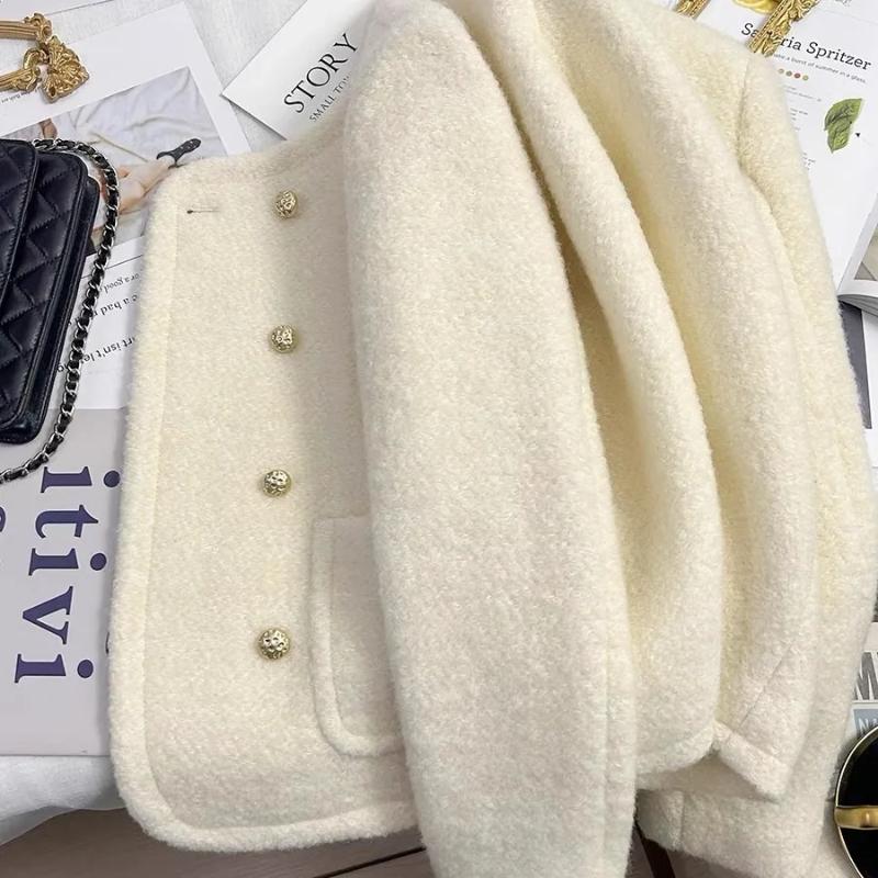 Round Neck Button Cardigan Long Sleeve Autumn and Winter Beige Thickened Warm Suit Jacket Women's Casual Top