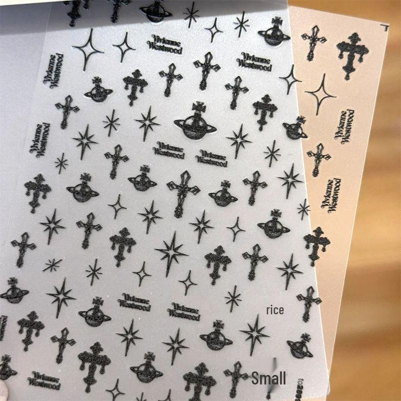 Retro Black Cross Embossed 3D Nail Art Stickers with White Starry Decorations