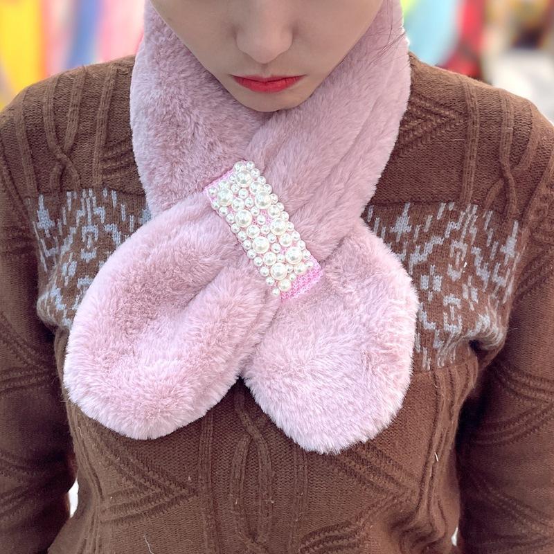 Autumn And Winter New Plush Imitation Rabbit Hair Pearl Buttons Fur Scarve Solid Colour Versatile Scarve Fashion Women's Scarve