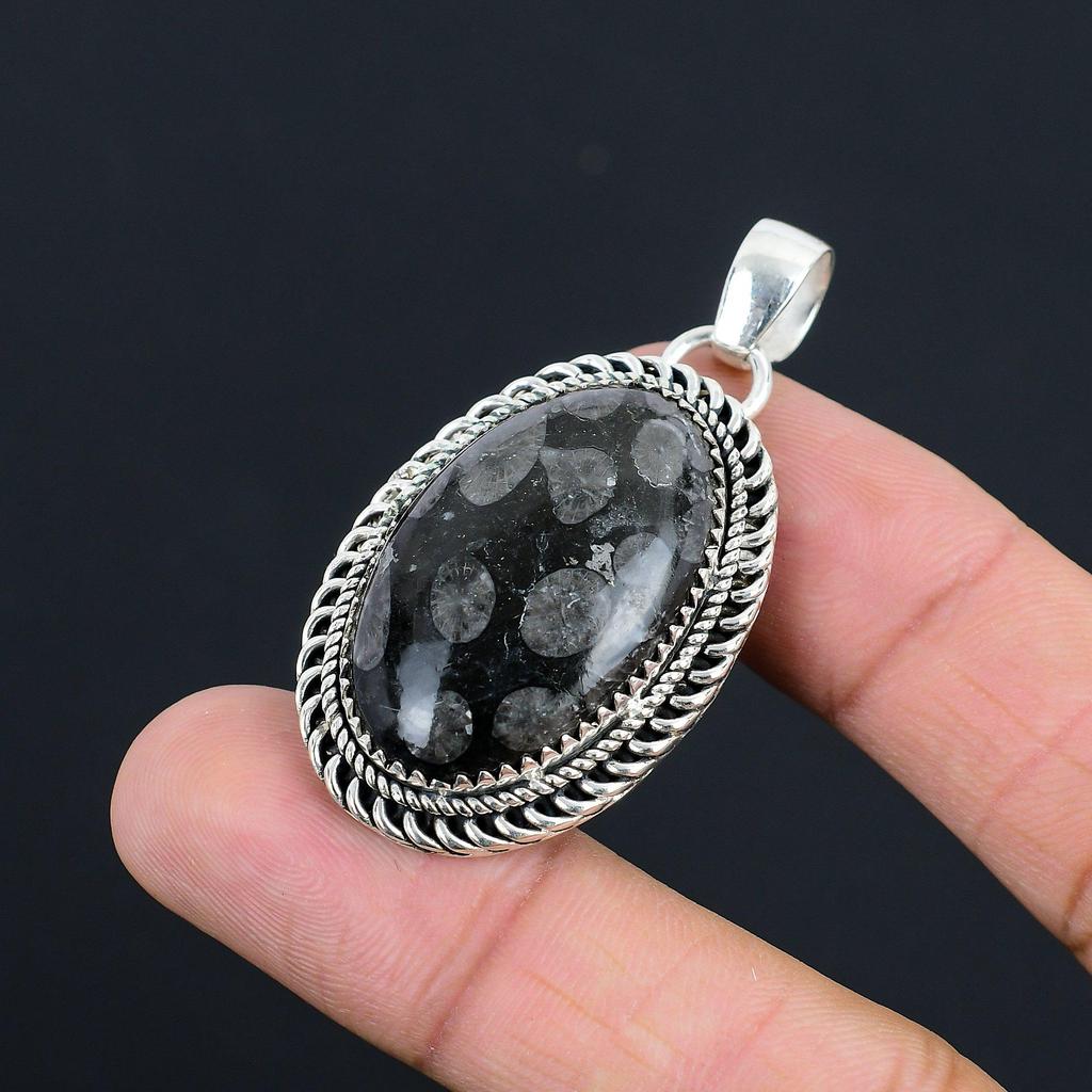 Mothers Day Sale Oval Black Fossil Coral Stone Sister Pendant Jewelry 925 Silver