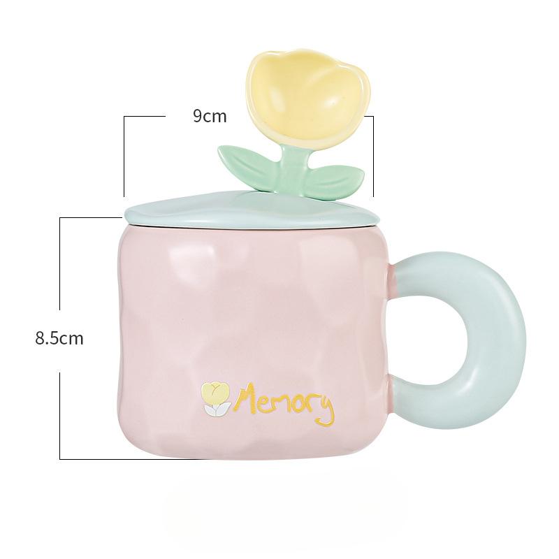 Underglaze Ribbon Cover Flower Spoon Ceramic Cup Mid Autumn Festival Business Gift Cup High Looking Macaron Girls Gift