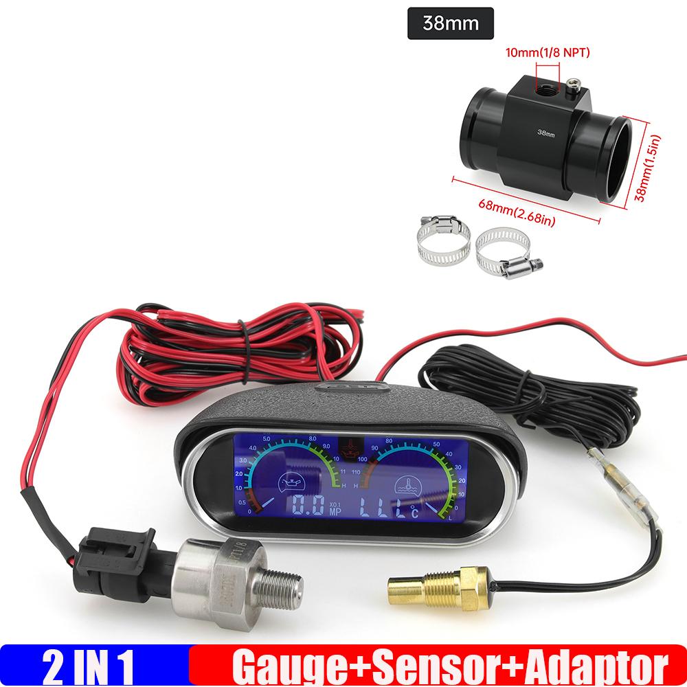 ZMFJH 2IN1 Digital Water Temperature+Oil Pressure Meter with Sensor 10mm Temp Joint Pipe Sensor Hose Adapter for Car Truck 9-32V