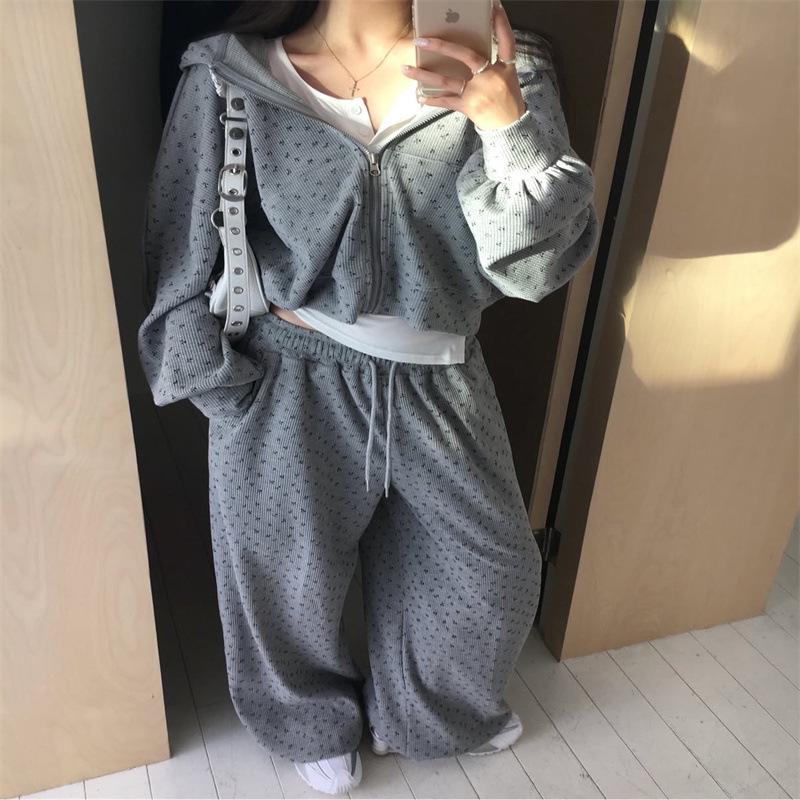 

Korean Chic Autumn Floral Sweatshirt Jacket & Women s High-Waisted Casual Pants XXL