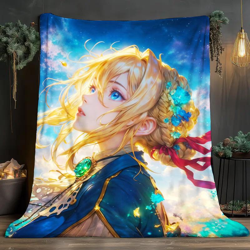 Violet Evergarden Anime Flannel Throw Blanket, Soft Blanket for Sofa Bed, Violets Starry Sky Portrait Print Home Decor