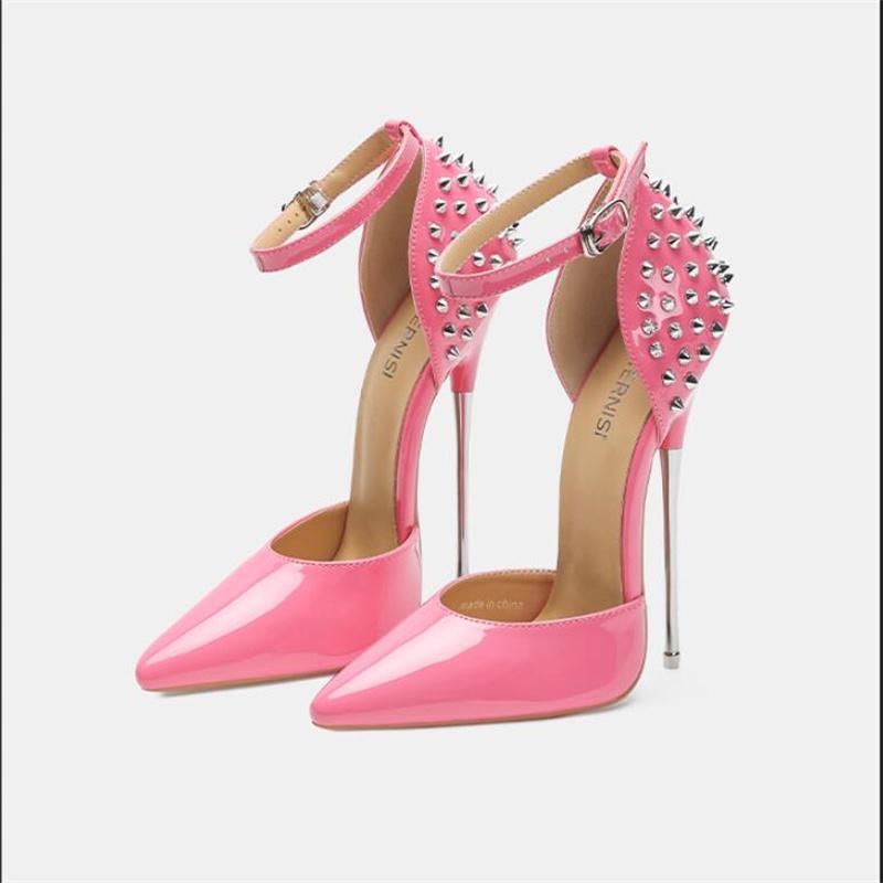 Women Rivet High Thin Heel Sandals Lady Sexy Ankle Strap Single Shoes for Nightclub Party Host Model Catwalk Pub Cross Dressing