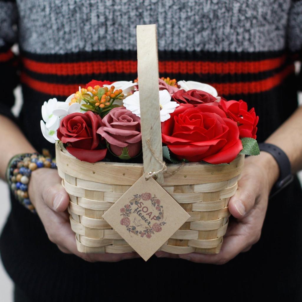 Soap Flower Bouquet Large Red Wicker Basket