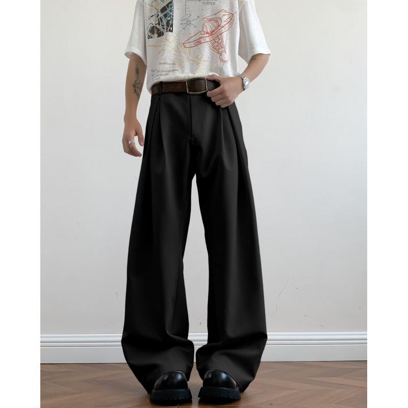 Korean version of retro silhouette vertical scimitar suit pants men's lazy wind wrinkled design loose straight wide-leg casual pants