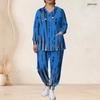 Women Plus Size Blue Printed V Neck Long Sleeve Two Piece Scrub Set Pockets Nursing Uniform