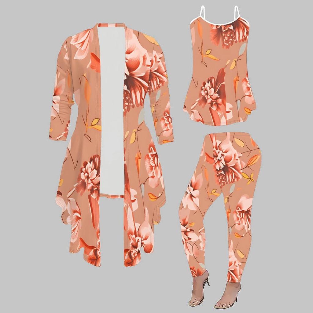 Plus Size Floral Print 3 Piece Outfit, Long Sleeve Open Front Cardigan Cami Top Leggings Set for Women