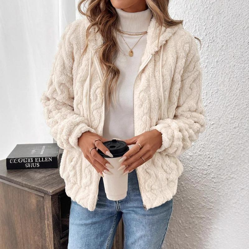 Women Double Sided Fleece Drawstring Hooded Zipper Open Cardigan Casual Autumn Winter Outerwear