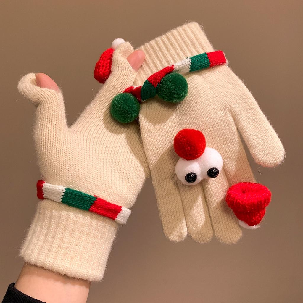 Funny and Cute Red Christmas Tree Big Eyed Gloves for Women In Winter Knitted Plush Warm Five Finger Windproof and Cold Proof