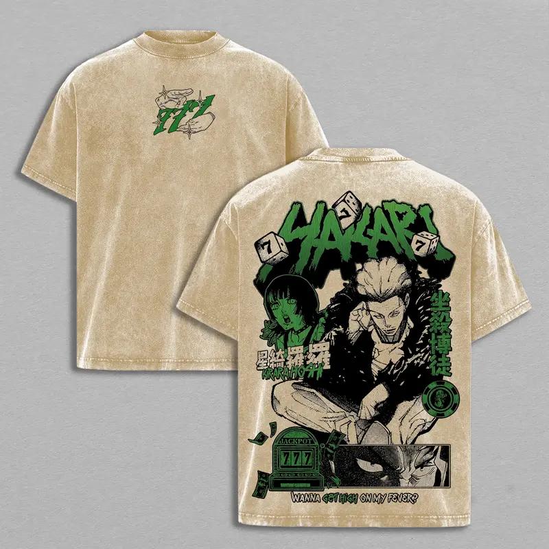 Hot Anime Jujutsu Kaisen Hakari Kinji Print T-shirt Men Short Sleeve Clothing Cotton Tshirt Retro Washed T Shirt Male Manga Tops