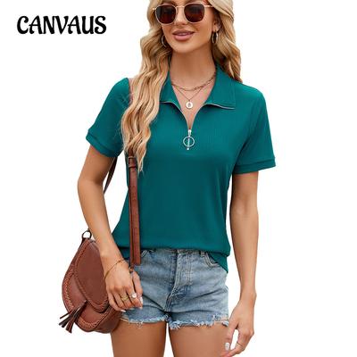 Sommer Damen T-Shirt Einfarbig Reißverschluss Revers Loses T-Shirt Casual Top