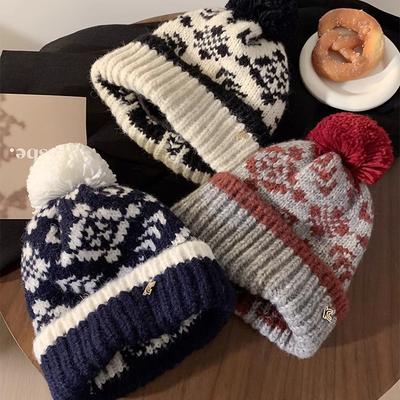 Fair Island Retro Pompon Wollmütze Damen Herbst und Winter Plüsch Warme Mütze Ohrenschützer Kaltmütze Strickmütze Kopfbedeckung