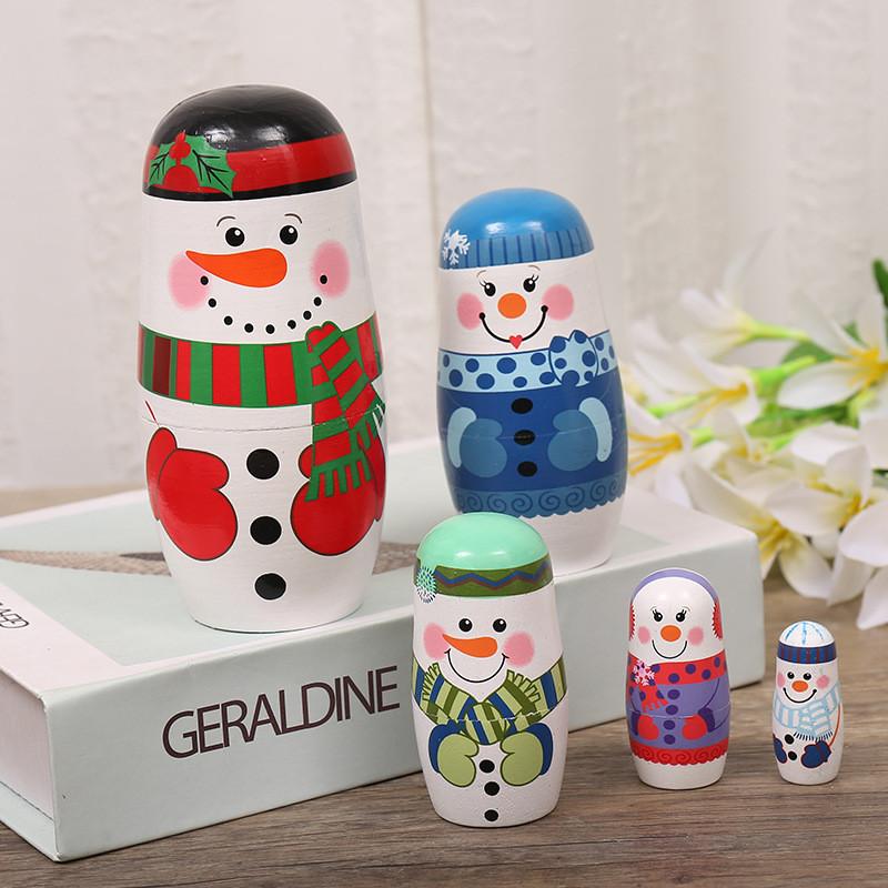 Matryoshka Wooden Snowman Doll Set Cartoon Home Decoration Christmas Toy Gifts