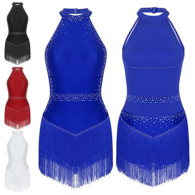Women Fringe Leotard Dress Shiny Rhinestones Tassel Latin Dance Costumes Ballet Dance Competition Stage Costume