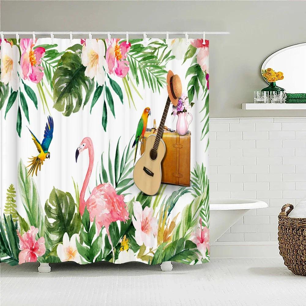 Flamingo Shower Curtains Green Leaf Bathroom Waterproof Polyester Fabric Printing Shower Curtain Decoration Bath Screen