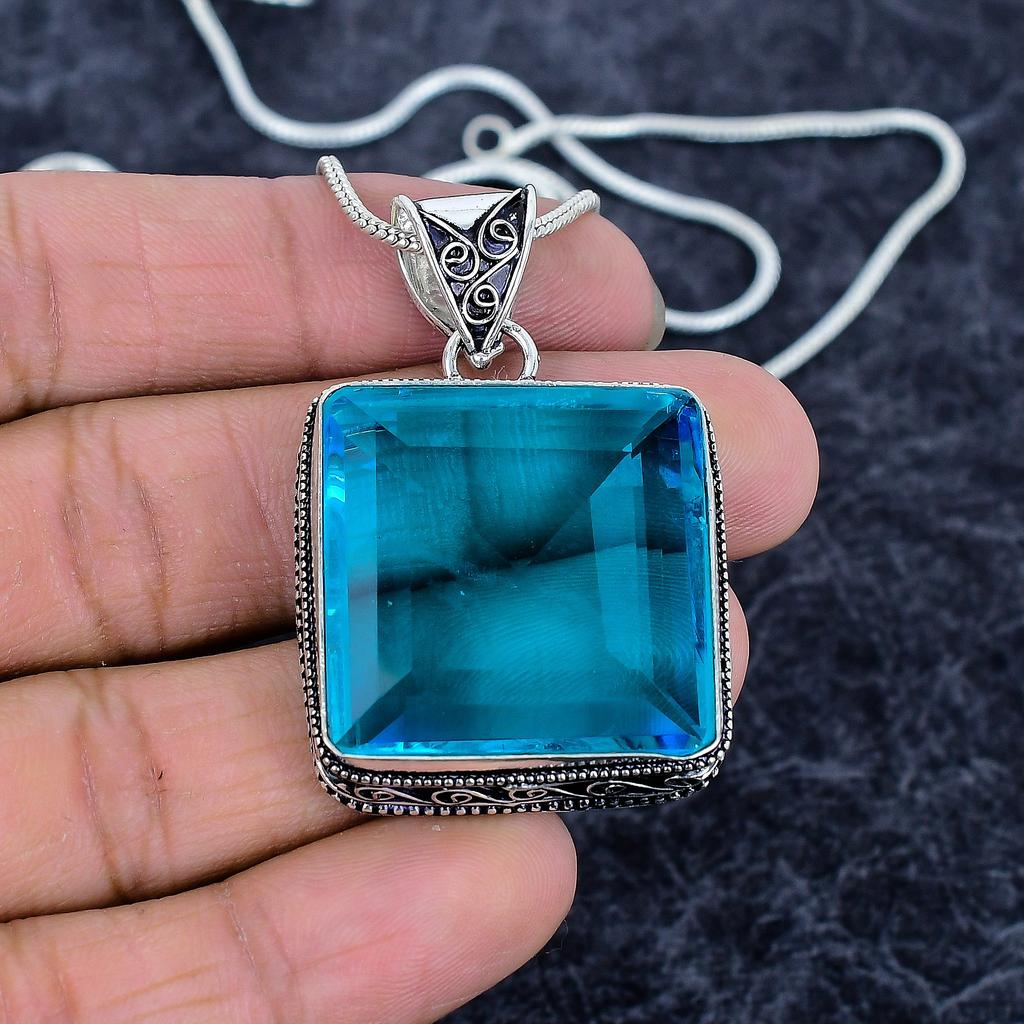 Blue Topaz Gemstone Handmade 925 Sterling Silver Jewelry Pendant 1.97" M-3230