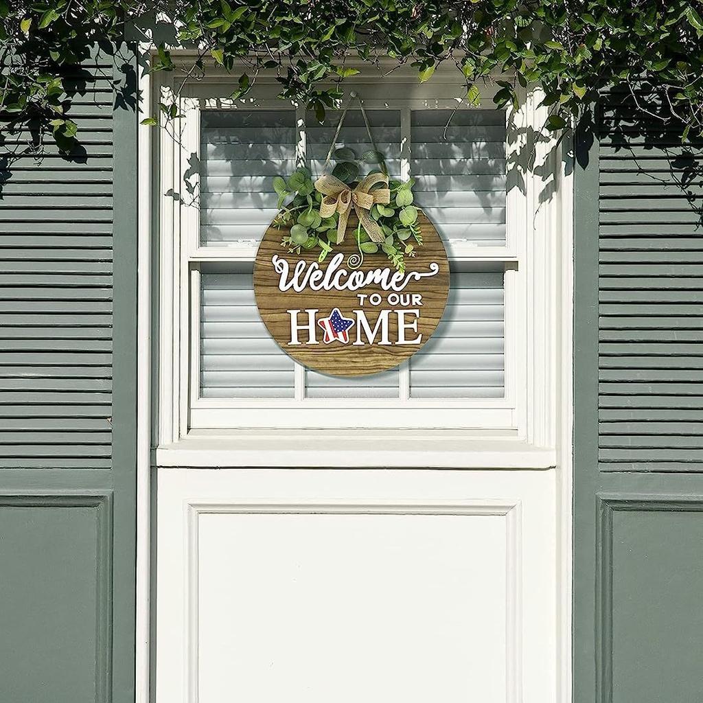 1 Set Seasonal Welcome Sign Front Door Decoration, Rustic Round Wood Wreaths Wall Hanging Outdoor, Farmhouse, Porch