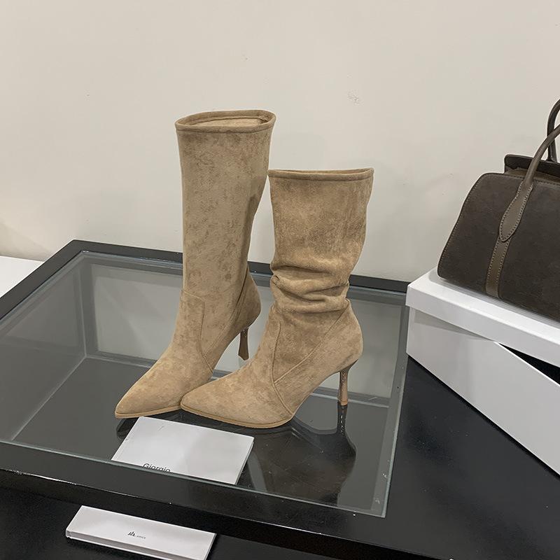 Upgraded version~ khaki boots women's stiletto 2025 new pointed short boots high heels thin medium tube stacking boots