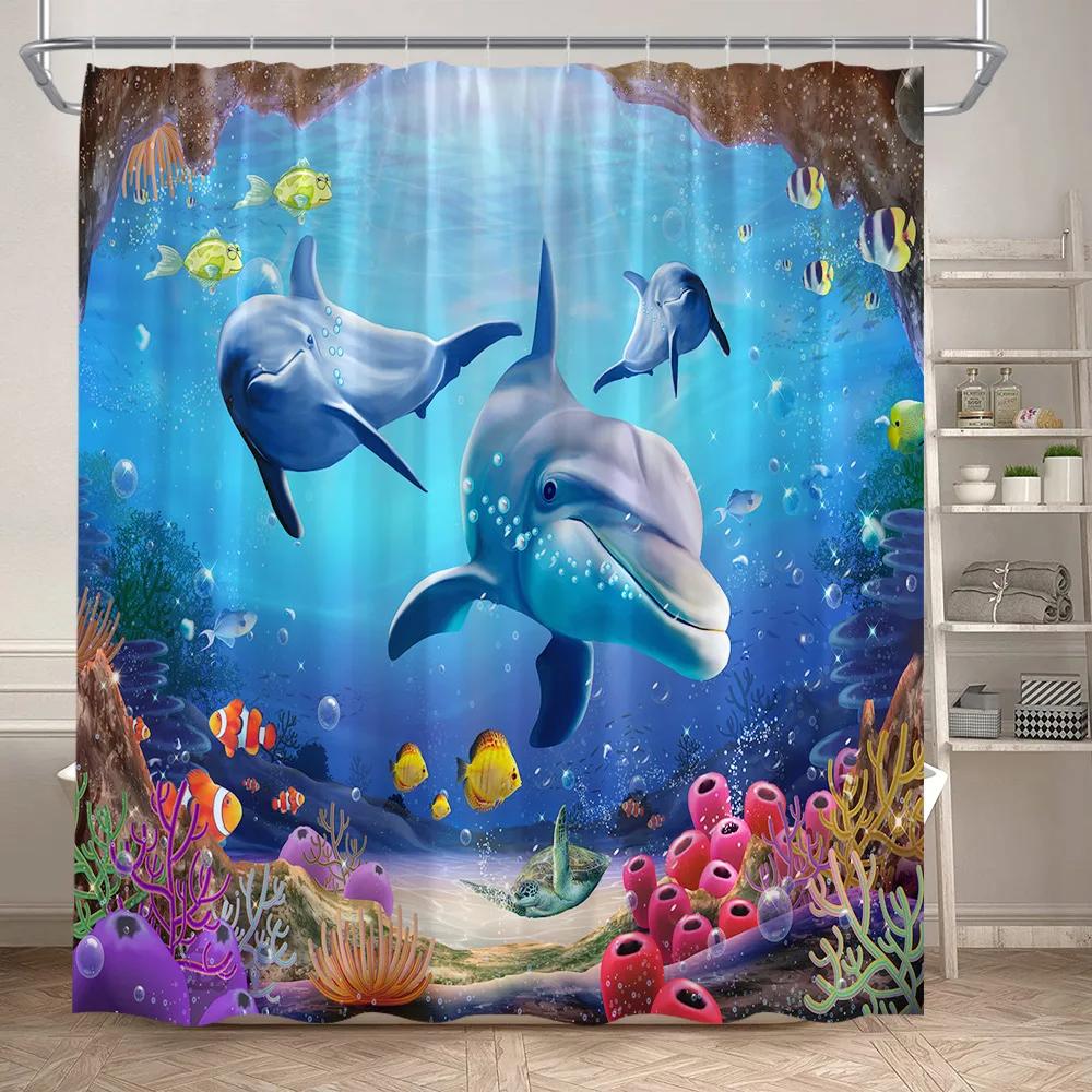 VIKAMA Underwater World Theme Shower Curtain - Waterproof and Mold-Resistant Bathroom Partition Curtain for Home Decoration