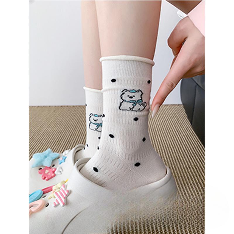 Female Fall Striped Cartoon Cute Preppy Bow Puppy Mid Tube Socks