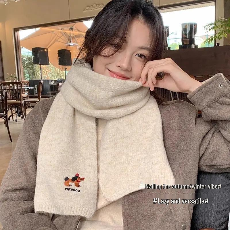 Japanese-Style Women's Knitted Scarf - Puppy Embroidery, Korean College Style, Warm Winter Neck Warmer