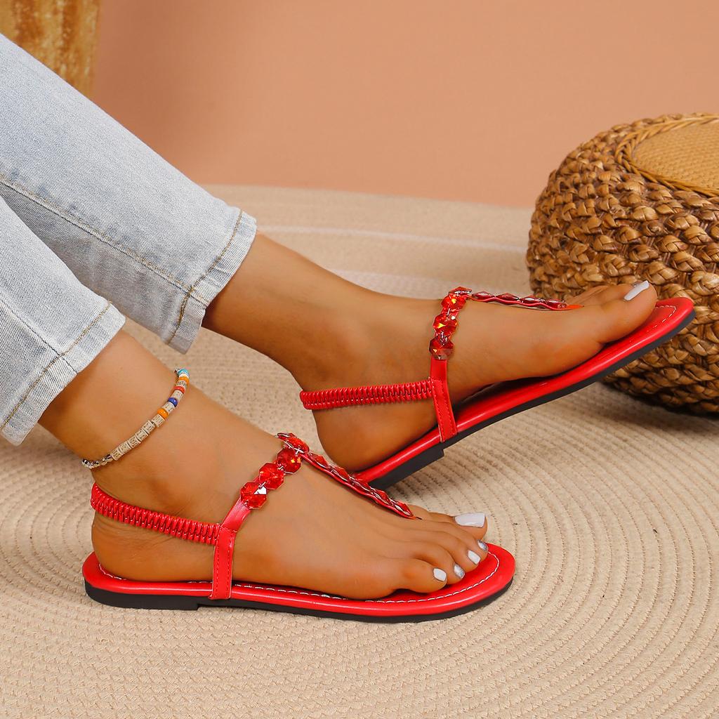 Fashion 2025 Summer New Outfit T-shaped Diamond Sandals Women's Flat Toe Sandals Pearl PVC Sandals Comfortable and Versatile