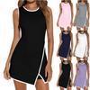 Women Bodycon Tank Dress Sleeveless Round Neck Color Block Piping Cut Out Side Mini Dress