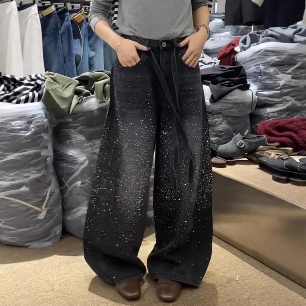 Glittering Rhinestone Denim Pants Women's Jeans New Wide Leg Design Sensation Floor-Length Pants Loose Jeans