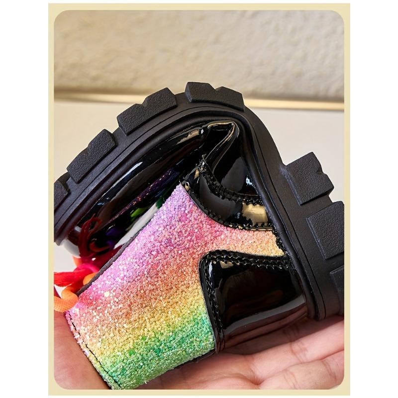 Trendy Girls Rainbow Zip Ankle Boots Sparkly Non Slip Rubber Sole Lace Up Colorful Shoelaces Fall Winter Princess Style