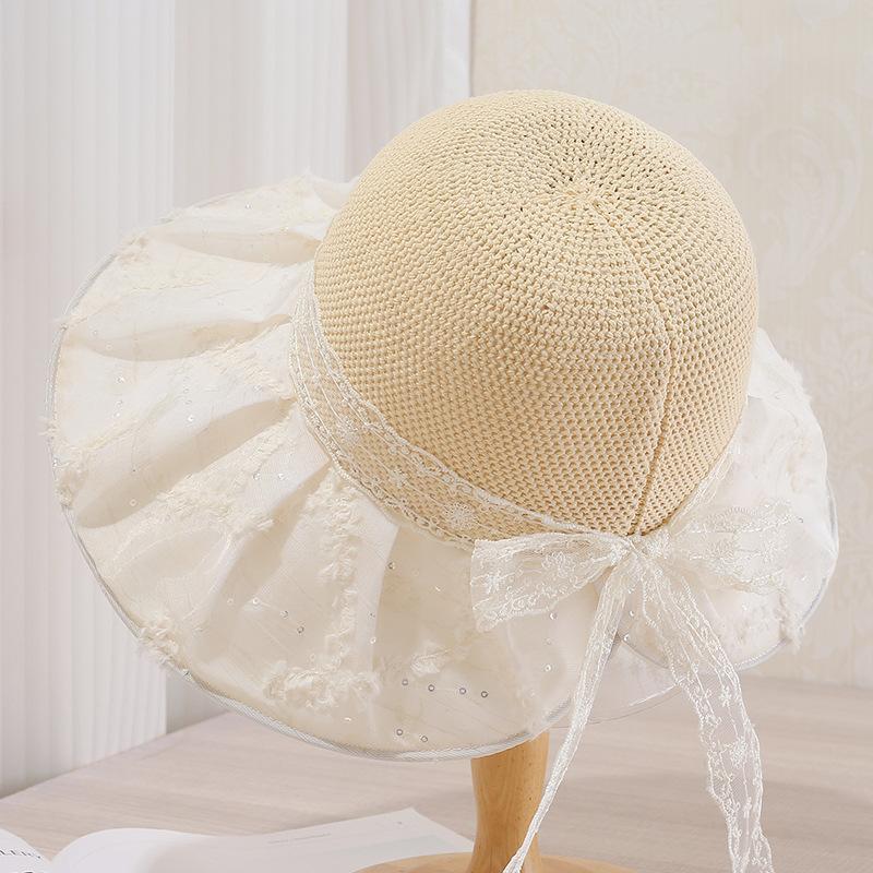 Strohhut mit Spitze und Schleife für Damen, Sommer, atmungsaktiv, mit großer Krempe, Sonnenschutzhut, für Ausflüge an der Küste, Strandhut